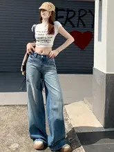 アメリカンビンテージ風 低腰ワイドレッグデニムパンツ【夏用・フィット・ストレート】