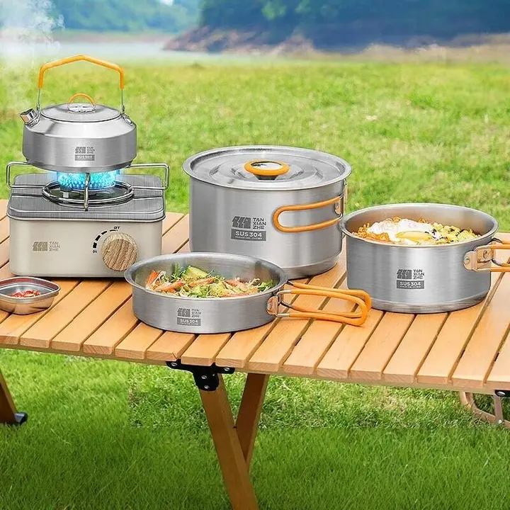 TAN XIAN ZHE 304不銹鋼製 アウトドアクッキングセット【キャンプ用・バーナー・やかん・調理器具】（セットアップ対応）
