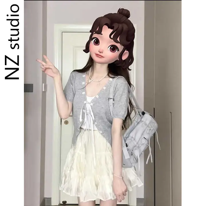 Vネック短袖ニットカーディガン【フレンチスタイル・リボン付き・夏用】