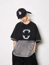 アメリカンスタイルの獣牙プリント半袖Tシャツ【男女兼用・ストリートファッション】（セットアップ対応）