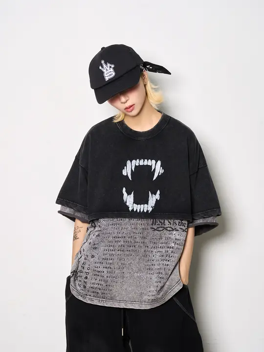 アメリカンスタイルの獣牙プリント半袖Tシャツ【男女兼用・ストリートファッション】（セットアップ対応）