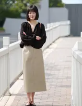 AMUU レディース レトロ高腰コーデュロイのロングスカート【前スリット・ウエストゴム・厚手】