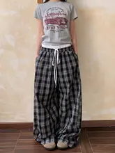 チェック柄ワイドレッグパンツ【レトロストリート・フィット・肌理感】