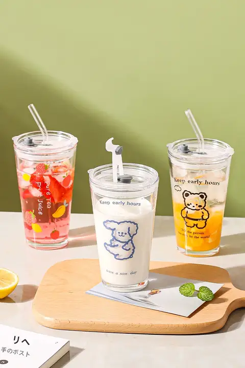 ストロー付きガラスカップ【家庭用・冷たい飲み物・フルーツジュース・ティー・コーヒー用】