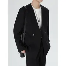 春夏用 メンズ ノーカラージャケット【スリムフィット・デザイン性高い・カジュアル】（セットアップ対応）