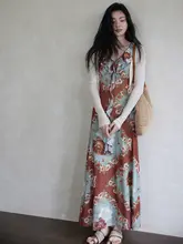 フレンチスタイルのビンテージ油絵プリントロングスカート【レイヤードフリル・エレガントデザイン・夏用】