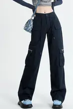 ドローストリング付きカーゴストレートデニムパンツ【ハイウエスト・ワイドレッグ・スリム効果】