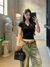 VネックボタンTシャツ【レディース・夏用・スリムフィット・カジュアル】