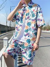 夏用ハワイアン半袖アイスシルクシャツとショートパンツ【ゆったりサイズ・メンズ・カジュアルデザイン】（セットアップ対応）