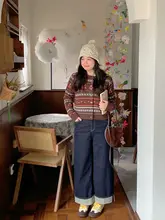 カフェ風さくらんぼプリントの大きいサイズ ニットセーター【女性用・ルーズフィット・秋冬】