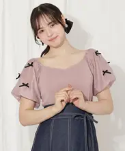 甘いリボン付きパフスリーブニットトップス【夏用・女性用】