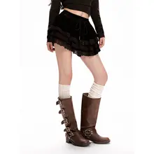 コーヒー色ベロアレース付きフレアスカート【ハイウエスト・Aライン・秋冬用】