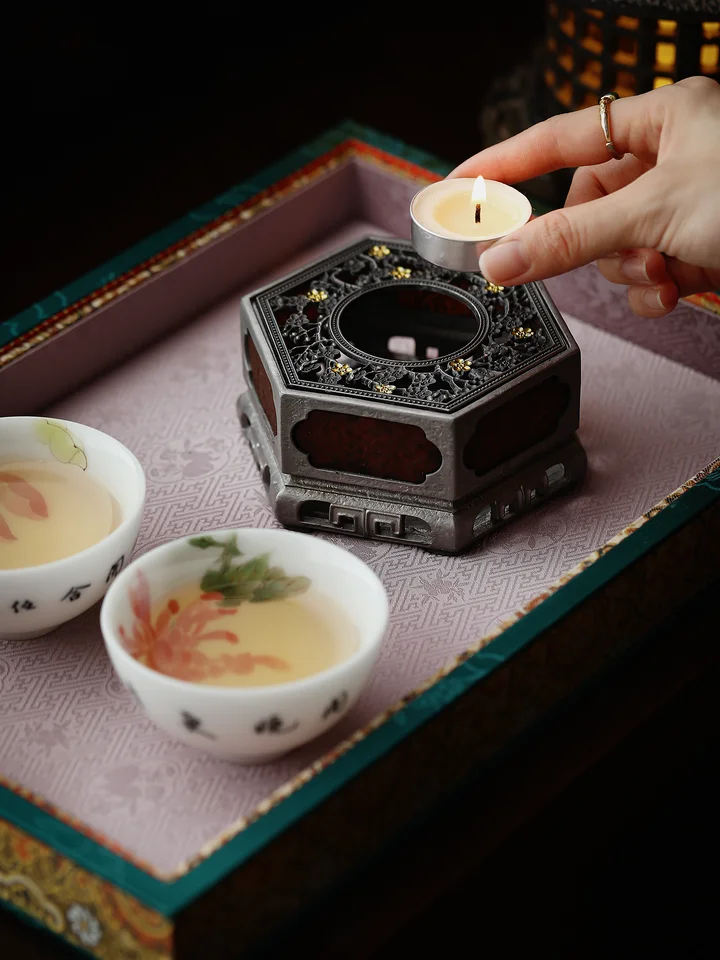 古錫製梅花デザインの温茶器【キャンドル加熱・保温機能付き】
