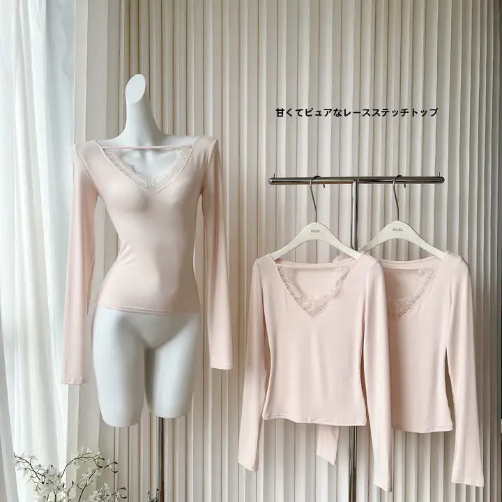 POPW レース切替長袖トップス【柔らかい生地・プレーン・カジュアル】