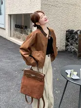 デザイン性の高いブラウンPUレザーとスウェード風ジャケット【カジュアル・レトロスタイル】