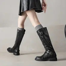 レトロ本皮長筒ブーツ【茶色・バックル付き・バイカースタイル】