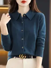 春用の100%羊毛カーディガン【ポロカラー・長袖・洗練されたデザイン】