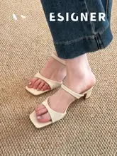 羊皮製のフレンチスタイル角型ヒールサンダル【シンプルデザイン・夏用・高めのヒール】