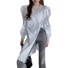 トレンドデザインの開襟Tシャツ【パフスリーブ・ミディアム丈】（セットアップ対応）