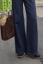 レトロ深いブルーのストレートワイドデニムパンツ【ハイウエスト・秋冬用・小柄サイズ】