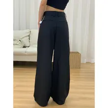 女性用ブラックワイドレッグパンツ【高級感・ドレープデザイン・フィット】（セットアップ対応）