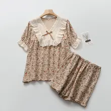 レースデザインの半袖ルームウェア【コットン・ローズ柄・ショートパンツ・夏用・軽量】
