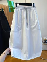 ブラックステッチデザインのワークスタイル半身スカート【ゆったりハイウエスト・膝下丈】