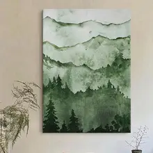 抽象的な森林と山の絵画【緑の自然・リビングルーム用手描きオイルペイント】