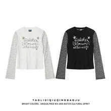 アメリカンレトロ風 ストライプ柄長袖Tシャツ【春用・Y2Kスタイル・スリムフィット・カジュアル】（セットアップ対応）