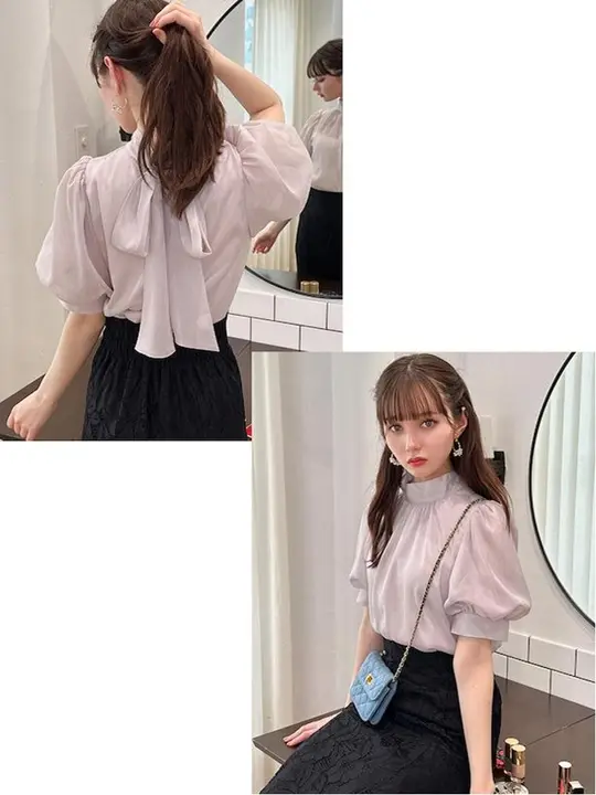 フロントとバックで着られる小高い襟のランタンスリーブブラウス【リボン付き・夏用・甘美なデザイン】