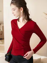 交差Vネックの女性用フィット感ある綿長袖Tシャツ【ウエストリボン・フリルデザイン・春秋用】