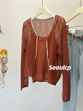 麻素材の小さな透かし編みニットカーディガン【UVカット・ノースリーブタンクトップ付き・セットアップ対応】