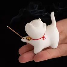 可愛らしい陶器製の猫デザインのお線香立て【灰が落ちにくいトレイ・デスク用】