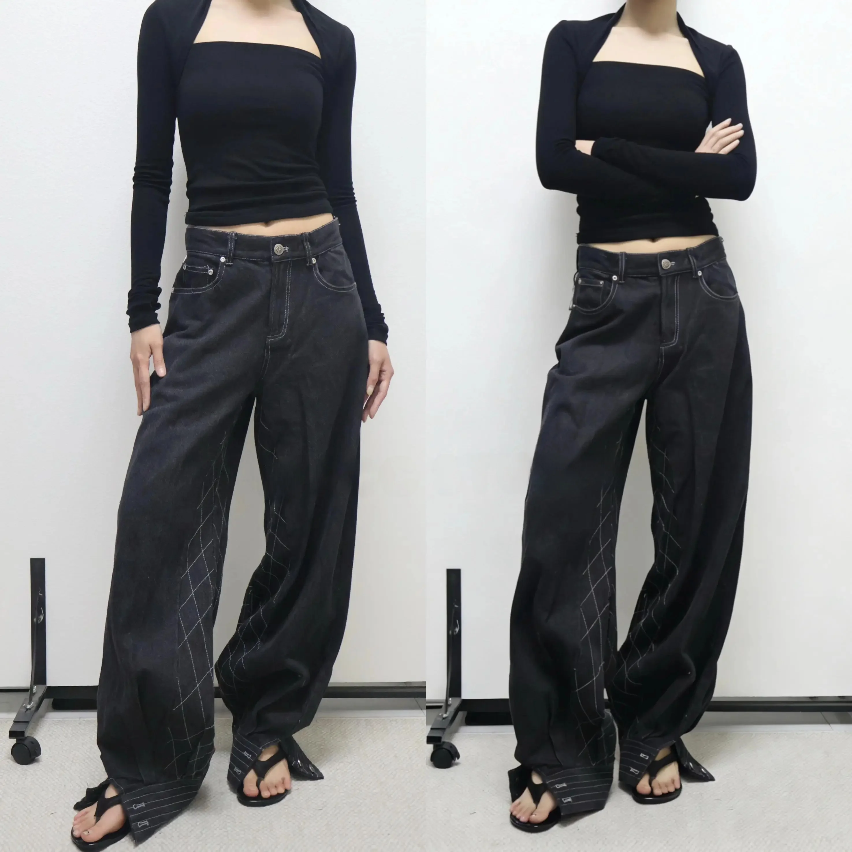 レトロキルティングデザインのランタンワイドデニムパンツ：通勤風の幅広いシーンに適したカジュアルパンツ