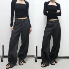 レトロキルティングデザインのランタンワイドデニムパンツ