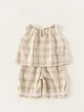 夏用 可愛いチェック柄ブラウスと七分丈パンツ【女の子用・レース付き・おしゃれ】（セットアップ対応）