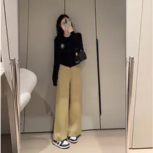 カーキ色 レディース フィット ワイドレッグパンツ【春秋用・カジュアル・スリム効果】