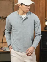 グレーの純綿ヘンリーティーシャツ【アメリカンレトロ・長袖・スリムフィット】