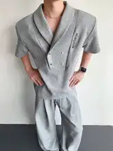 青果領メンズポロシャツ【肩パッド・金属ボタン・半袖】とワイドパンツ【アメリカンストリートスタイル】（セットアップ対応）
