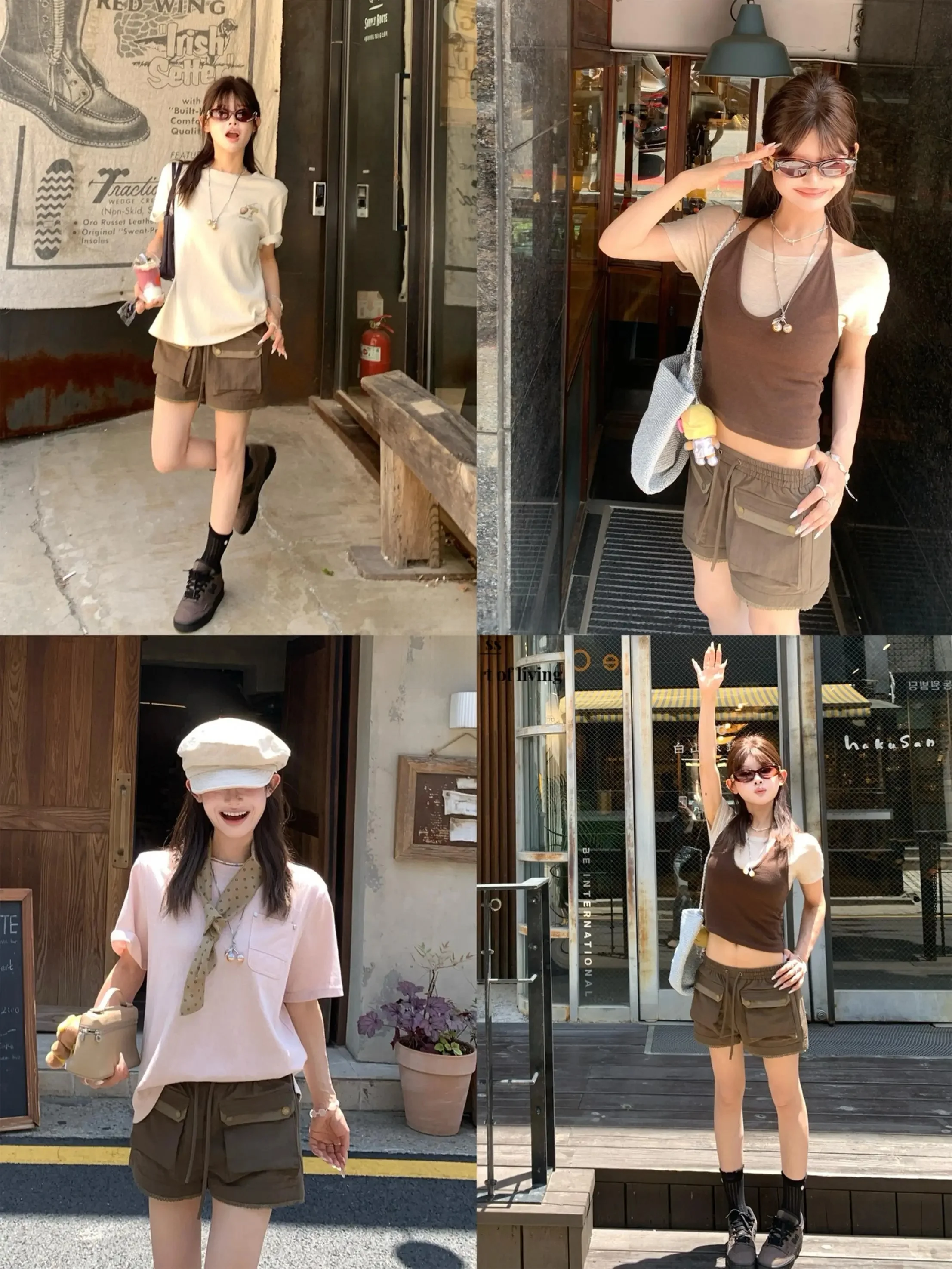 夏向けカラーコンビネーション ワークパンツ：カジュアルガーリーに最適な通勤風工装スタイル