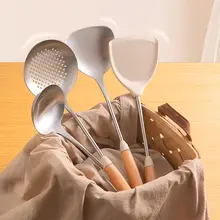Suncha 304不織鋼製の家用フライ返し【ブナ材ハンドル・お玉・こし器・炒め用・キッチン用】（セットアップ対応）
