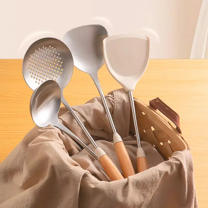 Suncha 304不織鋼製の家用フライ返し【ブナ材ハンドル・お玉・こし器・炒め用・キッチン用】（セットアップ対応）