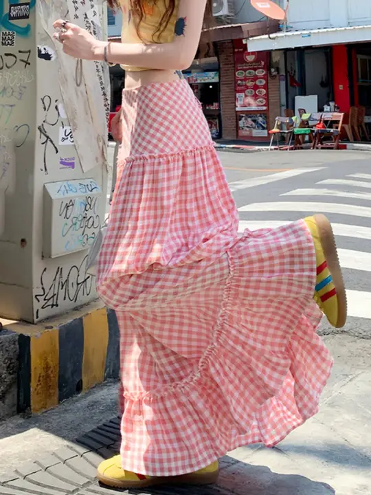 春用粉色チェック柄のAラインスカート【高腰・ロング丈・旅行用】（セットアップ対応）