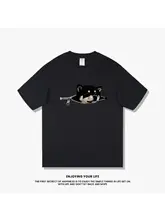 ファスナー付き黒柴犬デザインのコットン短袖カジュアルトップス【男女兼用】