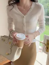 Vネック薄手ウールニットトップス【長袖・タイトフィット・春秋用】