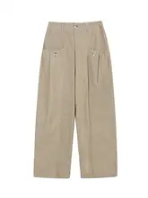 カーキ色コーデュロイハイウエストストレートパンツ【フィット・ワイドレッグ】