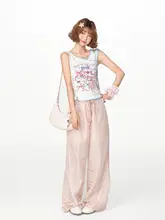 レトロなリボンプリントノースリーブTシャツ【デザイン性抜群・夏用・コントラストカラー】