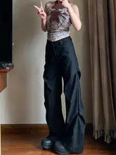 ブラックのワイドパンツ【アメリカンスタイル・プリーツデザイン・夏用・カジュアル】（セットアップ対応）