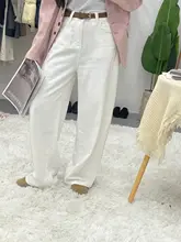 薄手フリース使用の米白色ワイドレッグデニムパンツ【高腰・ストレート・秋用】