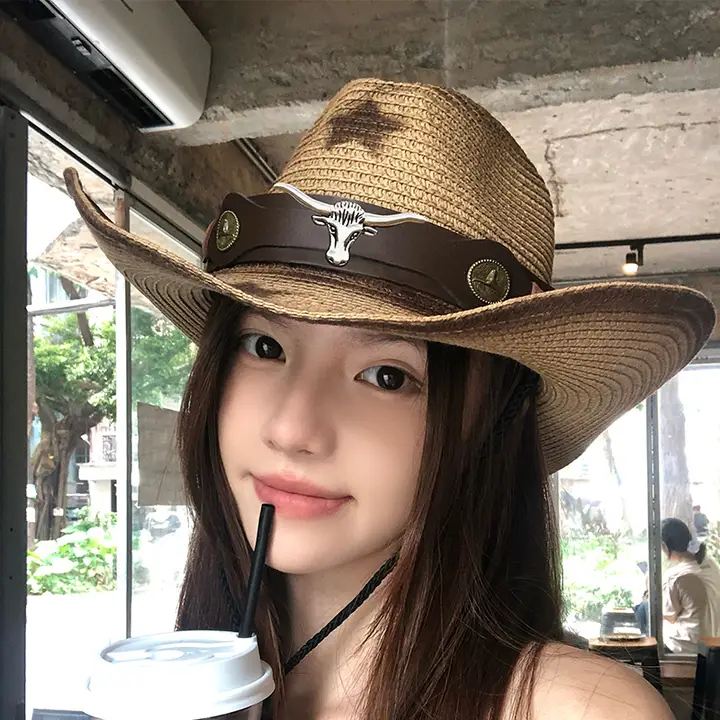 アメリカンヴィンテージ風 つば広の草編みウエスタンハット【夏用・UVカット・登山用】
